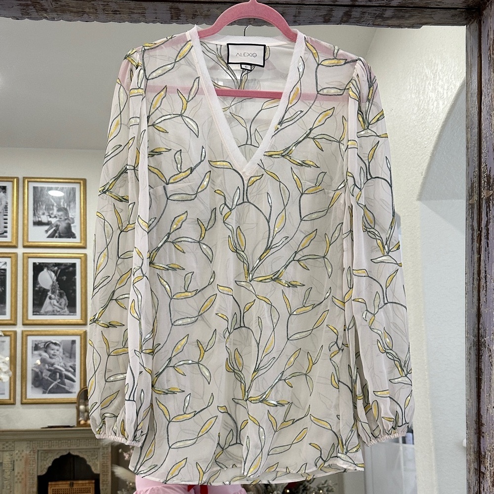 Alexis Sheer Leaf Print Blouse - White and Yellow